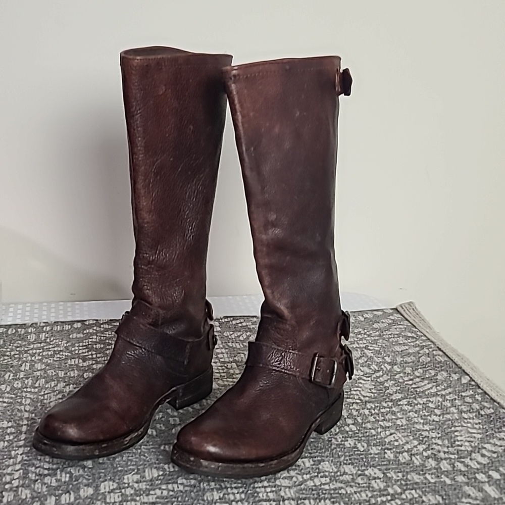 Frye distressed leather belted riding boots